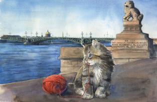 Postcard St Petersburg Russia cats "Trinity Bridge"