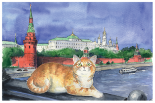Postcard Moscow Russia cats "Kremlin, view from The Bolshoy Kamenny Bridge"